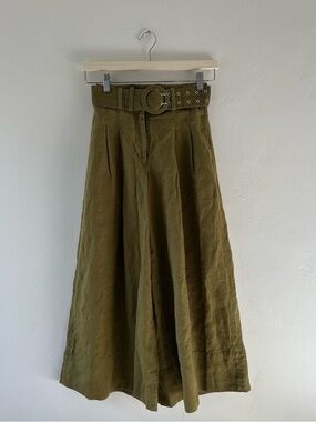 NICHOLAS Olive Green Wide-Leg Linen Pants with Belt